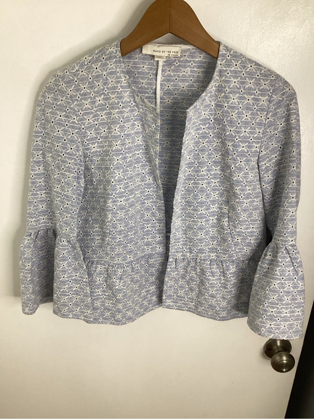 NWOT Light Blue Eyelet Peplum Collarless 100% Cotton Jacket M